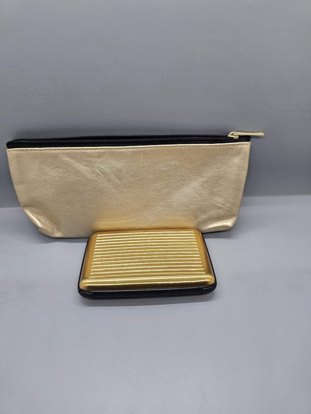 Gold Metallic Cosmetic Pouch with Gold Card Case